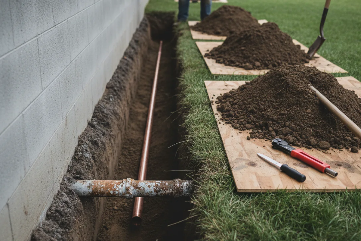 Excavated water line trench during Water Heater Repair in Rhome